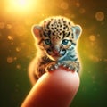 Cuteness. Tiny leopard cub sits on human finger.