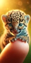 Cuteness. Tiny leopard cub sits on human finger.