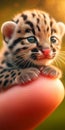 Cuteness. Tiny leopard cub sits on human finger.