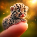 Cuteness. Tiny leopard cub sits on human finger.