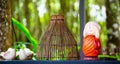 Cutes decoration , little monk doll and wooden baske in local cafe at Wat Rai Cheon Ta Wan , Chiangrai , Thailand. Royalty Free Stock Photo
