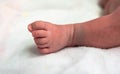 Cutes foot of newborn baby in postpartum care unit in hospital when she sleeping with her mother . Royalty Free Stock Photo