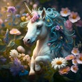 cutest adorable running Unicorn baby with long blue mane around flowers. Digital artwork. Ai generated