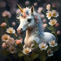 cutest adorable Unicorn baby with blue mane around flowers. Digital artwork. Ai generated