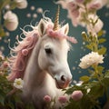 cutest adorable Unicorn baby with long pink mane around pink flowers. Digital artwork. Ai generated