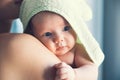 Cutest baby after bath with towel on head.