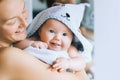 Cutest baby after bath with towel on head. Royalty Free Stock Photo