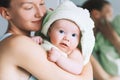 Cutest baby after bath with towel on head.