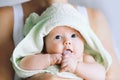 Cutest baby after bath with towel on head.