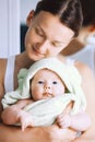 Cutest baby after bath with towel on head. Royalty Free Stock Photo