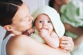 Cutest baby after bath with towel on head. Royalty Free Stock Photo