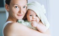 Cutest baby after bath with towel on head. Royalty Free Stock Photo