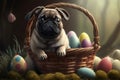 The cutest ever pug sitting in the Easter basket with colourful eggs. Generative ai Royalty Free Stock Photo
