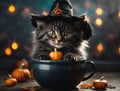 Cutest Halloween Black Kitten Wearing Witches Hat AI Generated