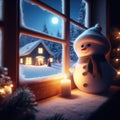 Cute snowman looking through window at Christmas, with candle