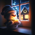 Cute snowman looking through window at Christmas, with candle