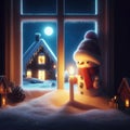 Cute snowman looking through window at Christmas, with candle