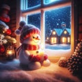 Cute snowman looking through window at Christmas, with candle