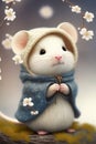 A cutest little white mouse life style wearing sweater and cap generative AI