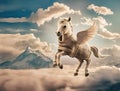 cutest Pegasus baby dressed in cover blanket flying at clouds sky. close up. Digital artwork. Ai generated