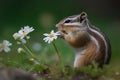 Cutest squirrel smelling a flower. Little chipmunk enjoying the flowers. Ground squirrel with beautiful white flowers.