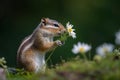 Cutest squirrel smelling a flower. Little chipmunk enjoying the flowers. Ground squirrel with beautiful white flowers.