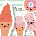 The cutest thing poster with caricature ice creams and donut closeup with thick contour and lines colorful background