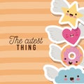 The cutest thing poster with star cloud heart and donut with wings in colorful lines background