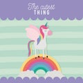 The cutest thing poster with unicorn over rainbow and lines colorful background