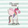 The cutest thing poster of unicorn with wings and lines colorful background