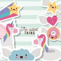 The cutest thing poster with unicorns rainbows stars cloud heart and donut with wings and colorful lines background