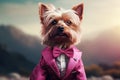 Cutest Yorkie in pink suit. Generate ai