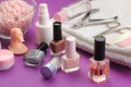 Cuticle oil, gel varnishes and tools for manicure and pedicure. hand and nail care Royalty Free Stock Photo