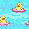 Cutie duck swims in an inflatable circle. Sea seamless pattern