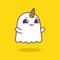 Cutie friendly ghost like unicorn isolated on yellow background