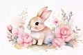 Cutie rabbit surrounded by flowers. Watercolor illustration on a white background