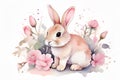 Cutie rabbit surrounded by flowers. Watercolor illustration on a white background