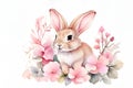 Cutie rabbit surrounded by flowers. Watercolor illustration on a white background