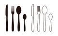 Cutlery black icon. Spoon, fork, knife silhouette and line set. Vector illustration Royalty Free Stock Photo