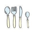 Cutlery in doodle style. Spoons, fork and knife isolated on a white