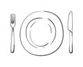 Cutlery, Empty plate, knife and fork Vector linear sketch top view isolated, Kitchen dining utensils, Hand drawn black line Royalty Free Stock Photo