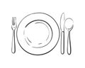 Cutlery, Empty plate with spoon, knife and fork Vector linear sketch top view isolated, Kitchen utensils, Hand drawn black Royalty Free Stock Photo