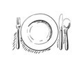 Cutlery, Empty plate with spoon, knife and fork Vector sketch top view isolated, Kitchen utensils Royalty Free Stock Photo