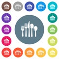 Cutlery flat white icons on round color backgrounds