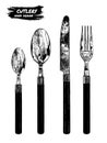 Cutlery hand drawing vector illustration. Isolated spoons, fork and knife