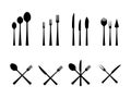 Cutlery icons. Crossed spoon and fork. Dining sharp knife. Tableware black silhouettes. Dish tools. Ladle and teaspoon Royalty Free Stock Photo