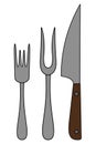 Kitchen knife, table fork, carving fork. Collection of barbecue tools in cartoon style