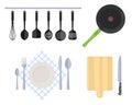 Cutlery and kitchen utensil set. Flat vector illustration Royalty Free Stock Photo