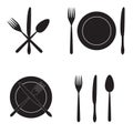 Cutlery: knife, fork, spoon and dish. Vector icons.