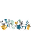 Cutlery line art background. One line drawing of different kitchen utensils. Vector Royalty Free Stock Photo